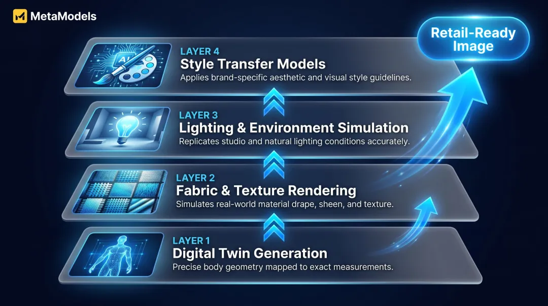 Four-layer AI fashion imagery technology stack from digital twin to style transfer