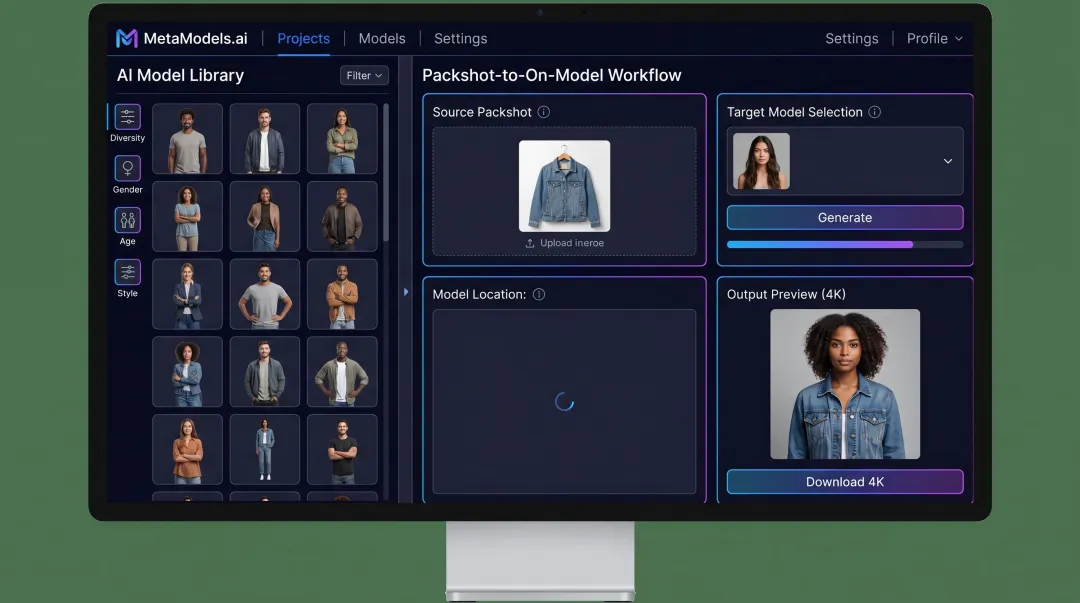 MetaModels.ai platform interface showing AI model library and packshot conversion workflow