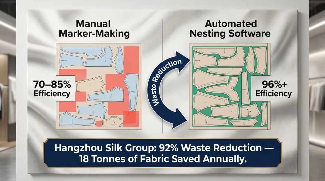 Automated fabric cutting nesting efficiency versus manual marker-making material waste comparison