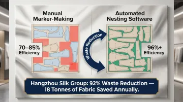 Automated fabric cutting nesting efficiency versus manual marker-making material waste comparison