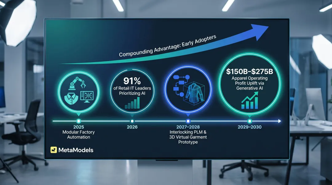 Fashion automation adoption timeline showing modular tools to full integration trajectory 2025 to 2030