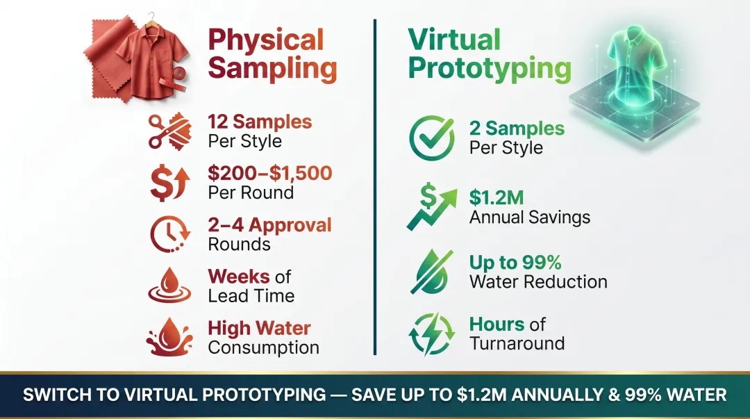 Virtual prototyping versus physical sampling cost and rounds comparison infographic