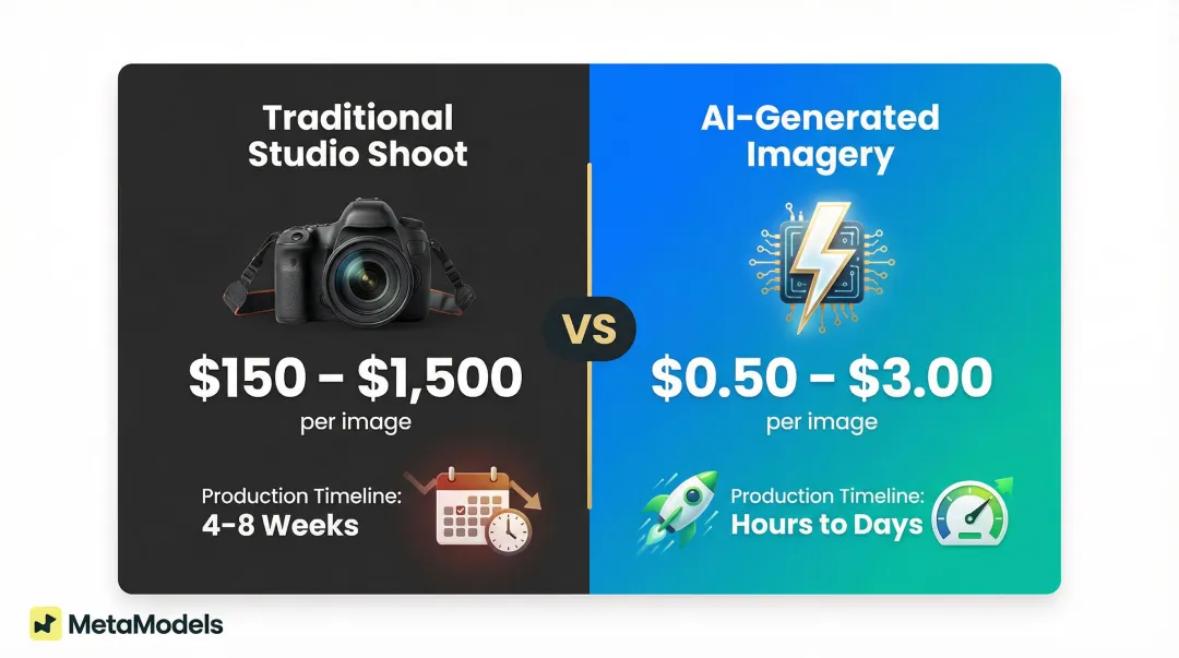 Traditional fashion photography versus AI image generation cost per image comparison infographic