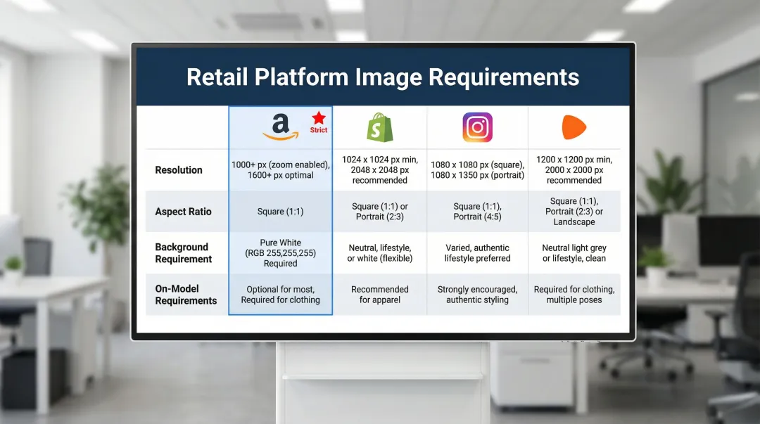 Fashion e-commerce platform image specifications comparison table Amazon Shopify Instagram Zalando
