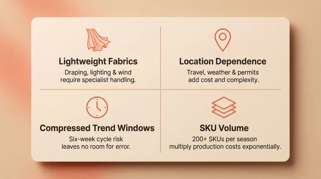 Four summer fashion production challenges infographic with icons and descriptions