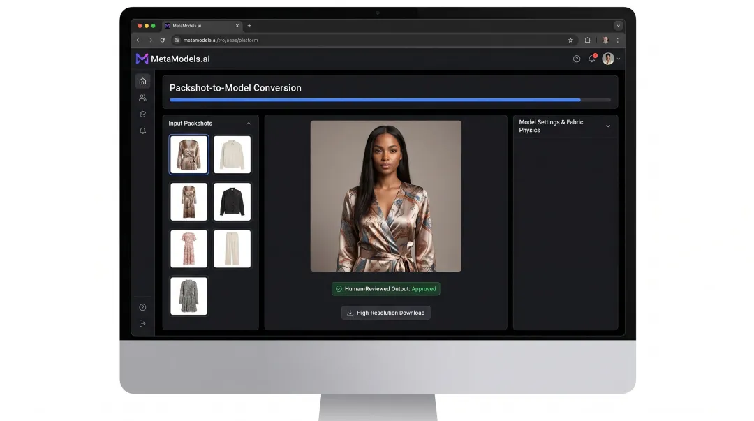 MetaModels.ai platform dashboard showing AI-generated on-model fashion imagery output