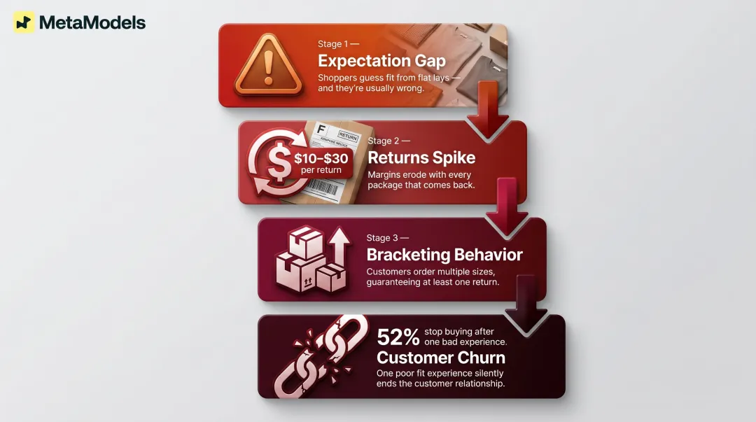 Fashion return consequences chain showing margins logistics trust and churn impact