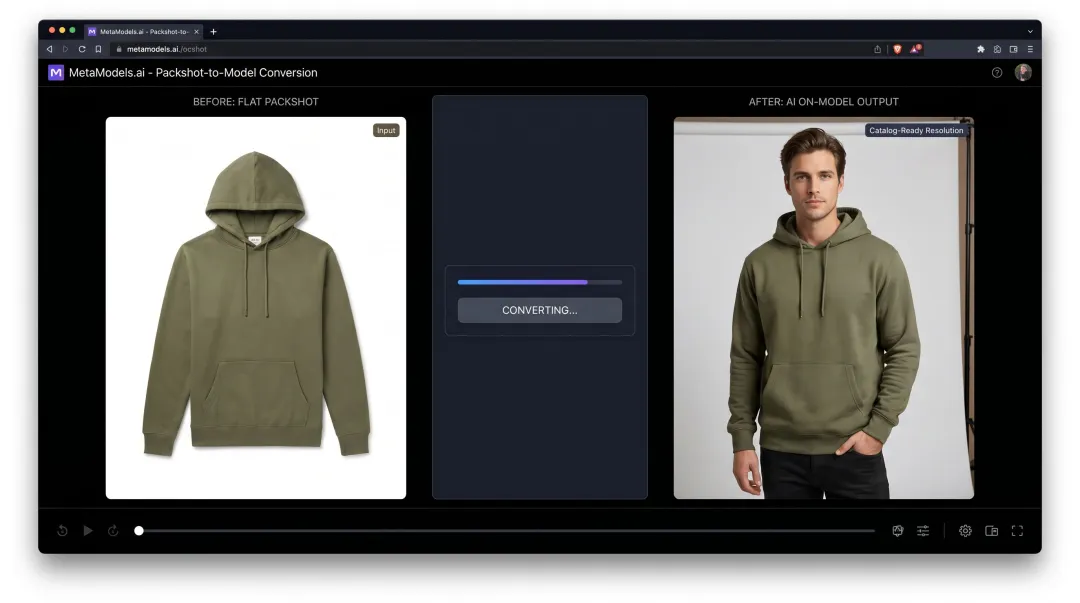 MetaModels AI platform interface showing packshot to on-model garment conversion output
