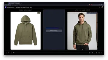 MetaModels AI platform interface showing packshot to on-model garment conversion output
