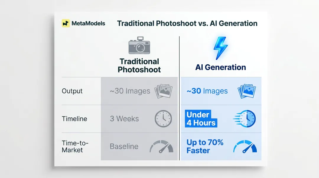 Traditional photoshoot versus AI generation speed output and time-to-market comparison chart