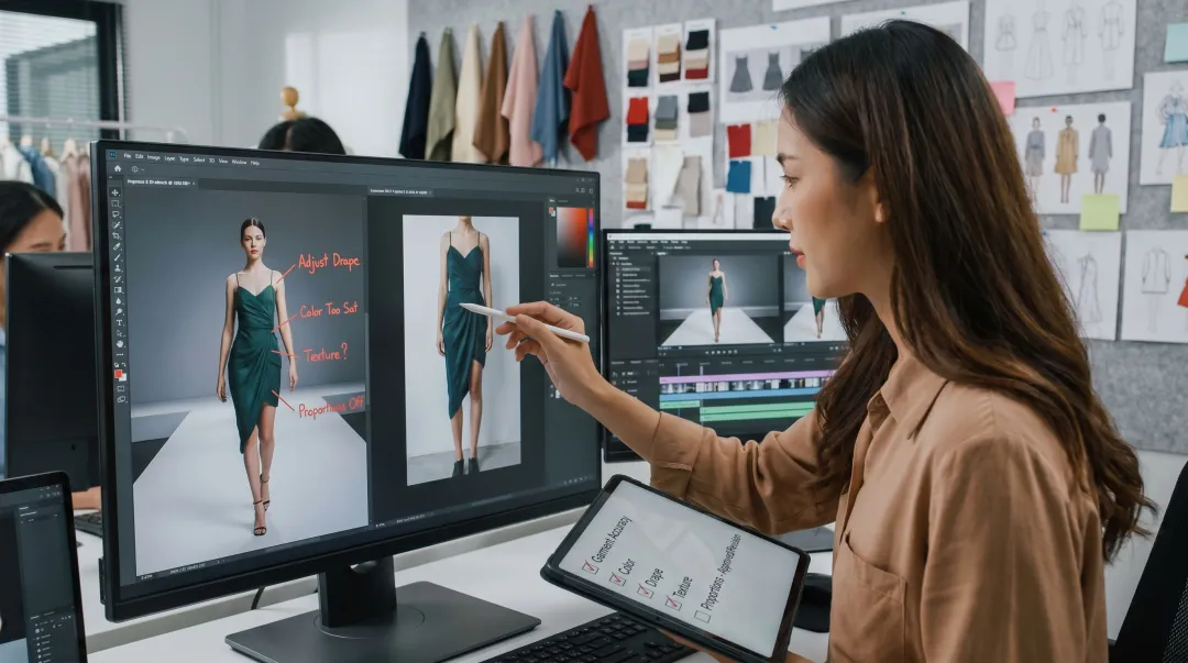 MetaModels AI fashion specialist reviewing AI-generated garment video for accuracy before publish
