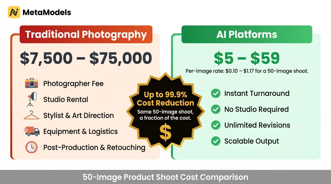 Traditional versus AI fashion photography cost comparison for 50 product images