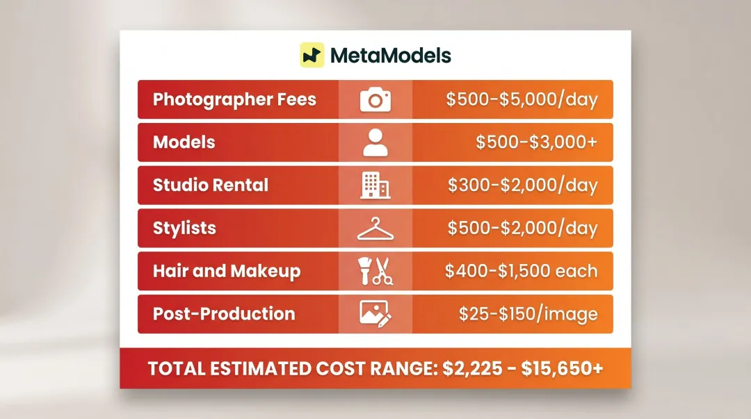 Traditional fashion photoshoot cost breakdown infographic showing six expense categories