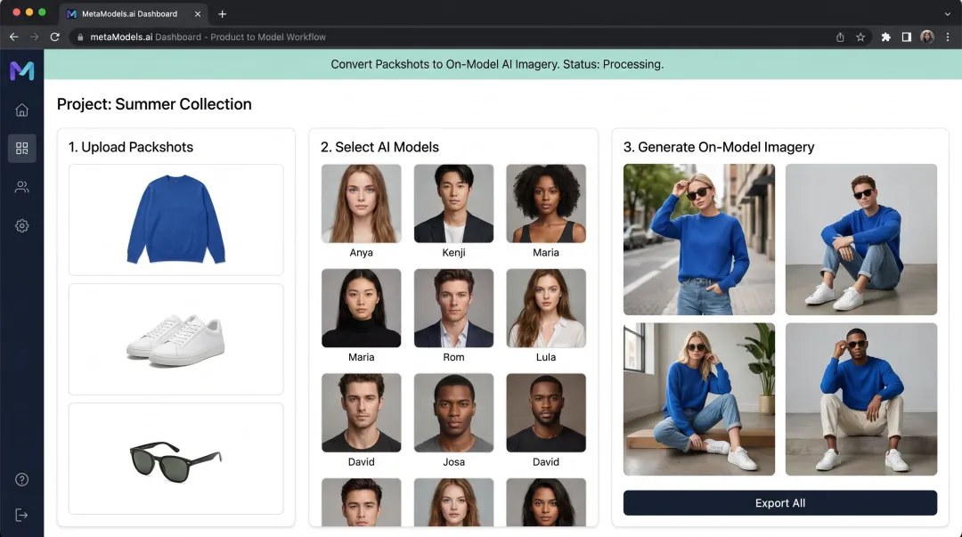 MetaModels AI platform interface converting packshot photography into on-model fashion imagery
