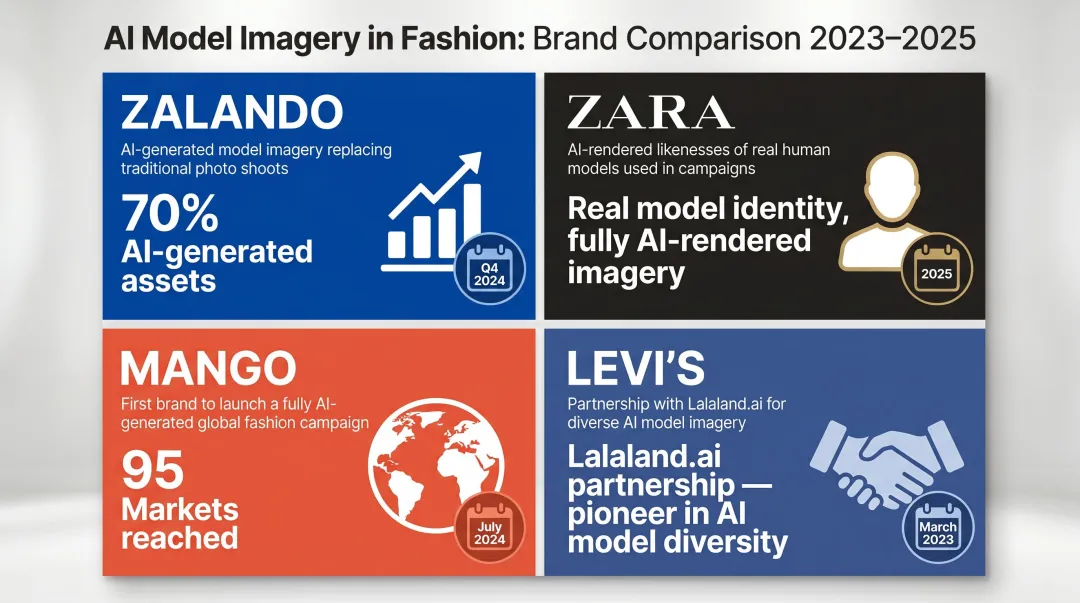 Four major fashion brands AI model imagery adoption comparison infographic 2023-2025