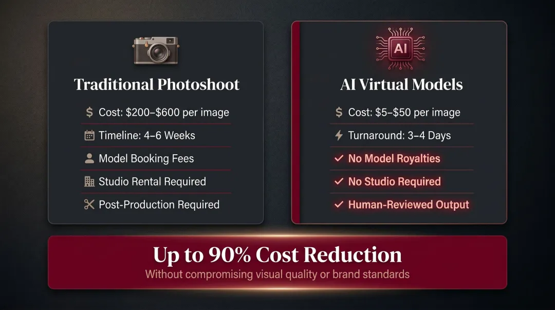AI versus traditional fashion photography cost and timeline comparison infographic