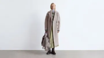 Oversized luxury wool coat styled on model showing full silhouette and drape