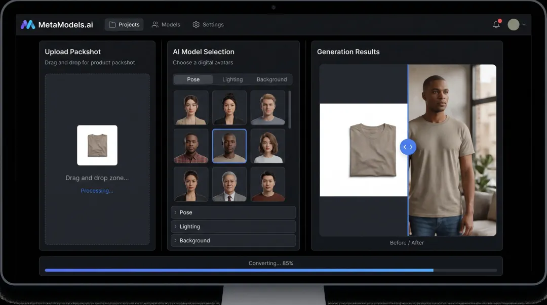 MetaModels AI platform dashboard showing packshot to on-model image conversion workflow