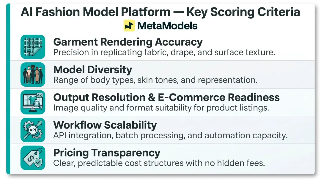 Five criteria for evaluating AI fashion model generation platforms comparison infographic