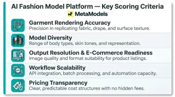 Five criteria for evaluating AI fashion model generation platforms comparison infographic