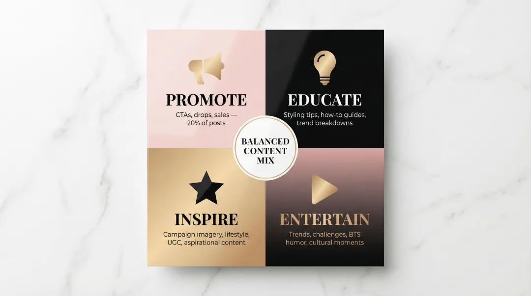 Four fashion content pillars framework Promote Educate Inspire Entertain breakdown infographic