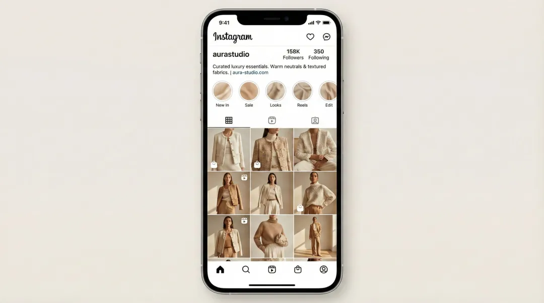 Instagram shoppable fashion feed displaying product tags and styled outfit posts