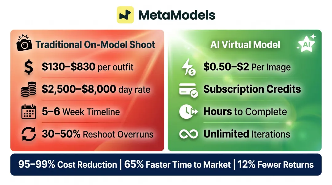 Traditional photography versus AI virtual model cost and speed comparison infographic