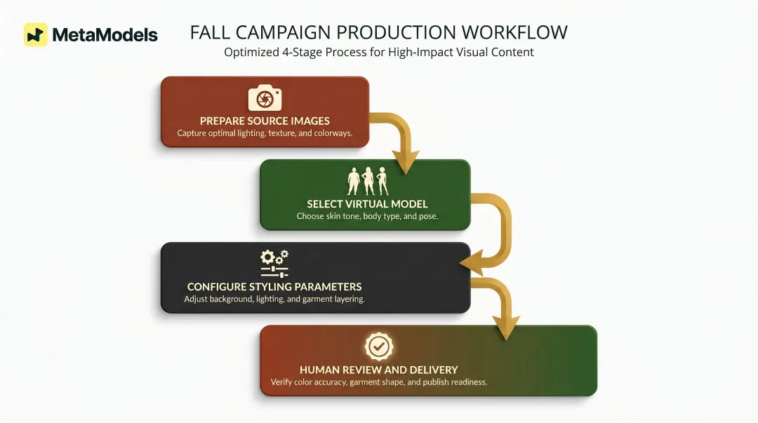 4-step fall lookbook AI production workflow from source images to final delivery