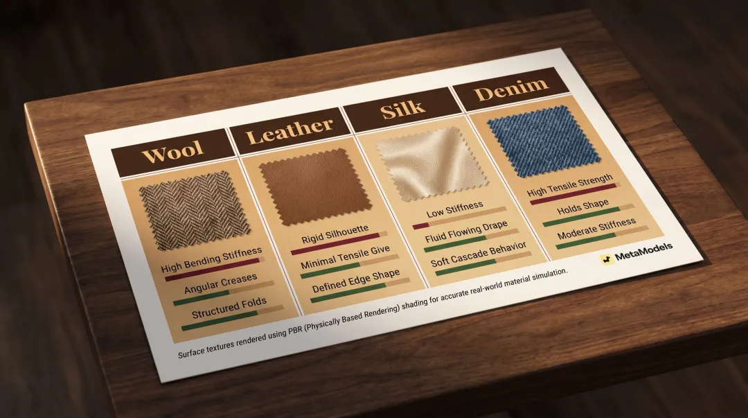 Fall fabric draping simulation comparison showing wool leather silk and denim behavior
