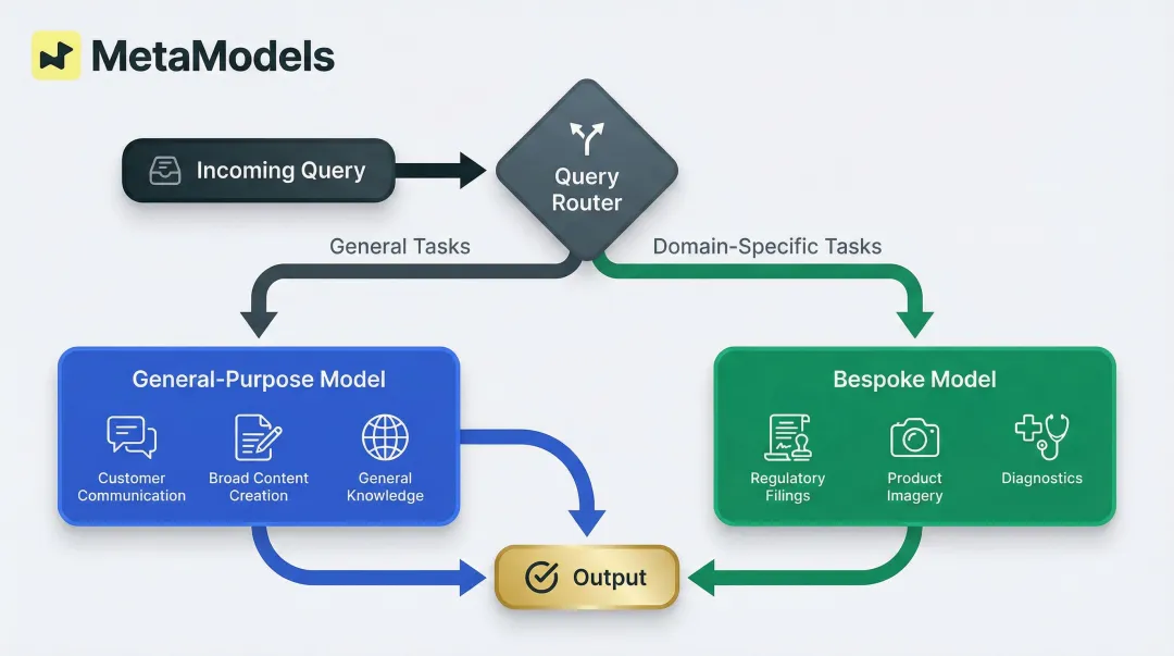 Hybrid AI architecture query routing between general and bespoke model layers