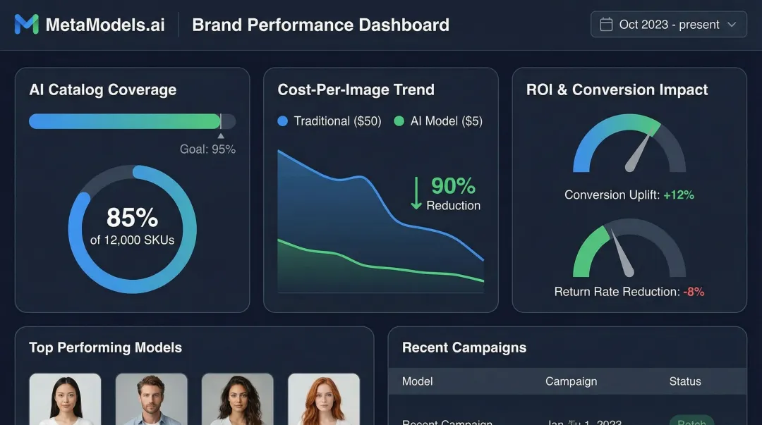 MetaModels AI platform dashboard displaying catalog coverage conversion and return rate KPIs