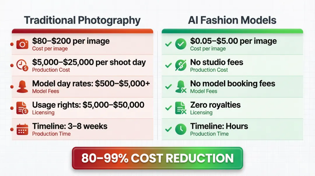 Traditional photography versus AI fashion model cost and timeline comparison infographic