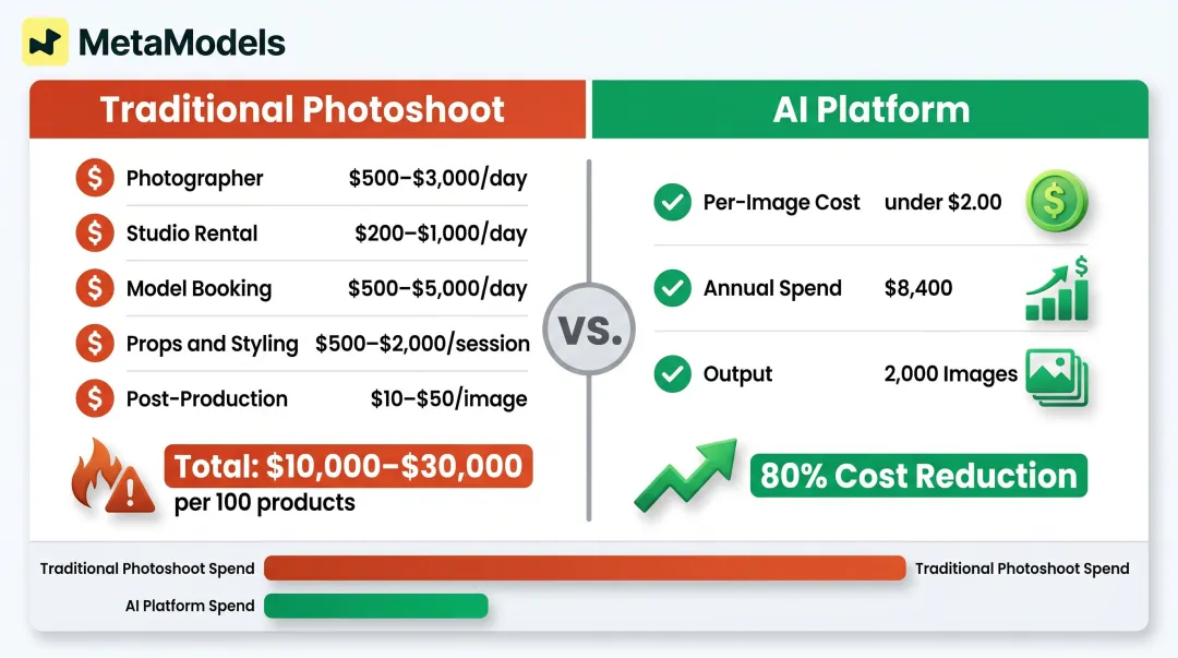 Traditional photoshoot versus AI photography cost and output comparison infographic