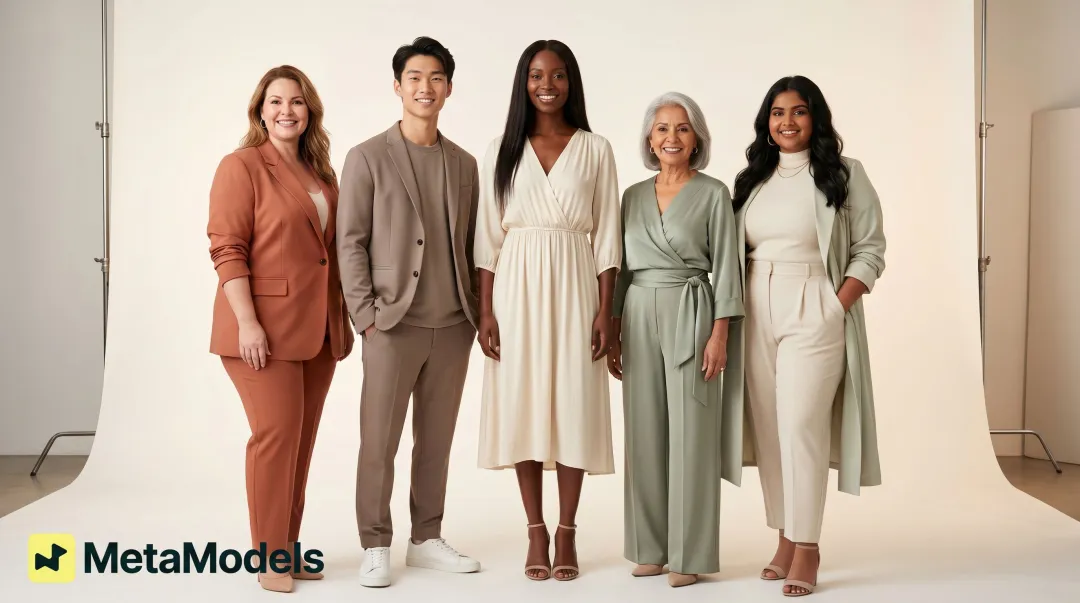 Diverse group of fashion models of varied ethnicities body types and ages posing together