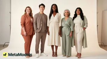 Diverse group of fashion models of varied ethnicities body types and ages posing together