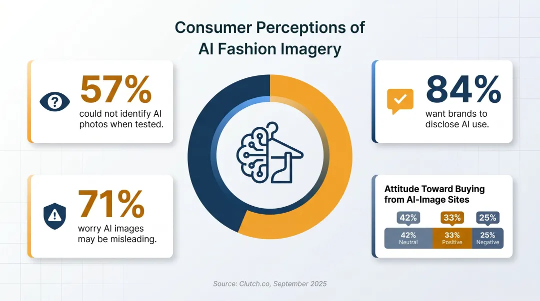 Consumer attitudes toward AI fashion imagery survey data statistics breakdown infographic