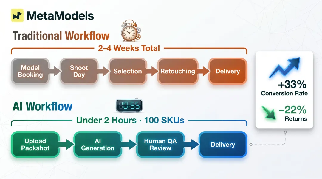 AI model photography speed versus traditional photoshoot timeline comparison infographic