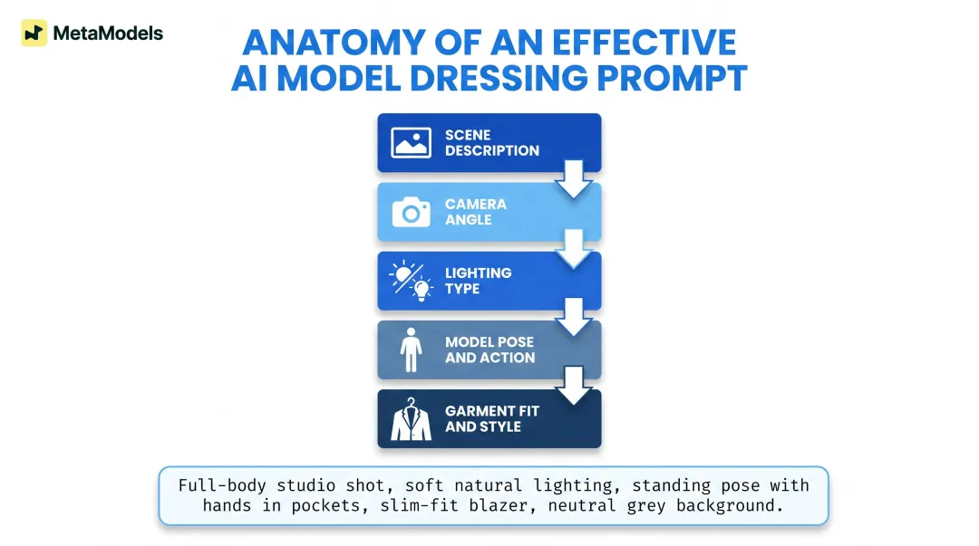 AI model dressing prompt structure with five key components and example