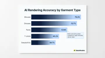 AI garment rendering accuracy rates by clothing type horizontal bar chart