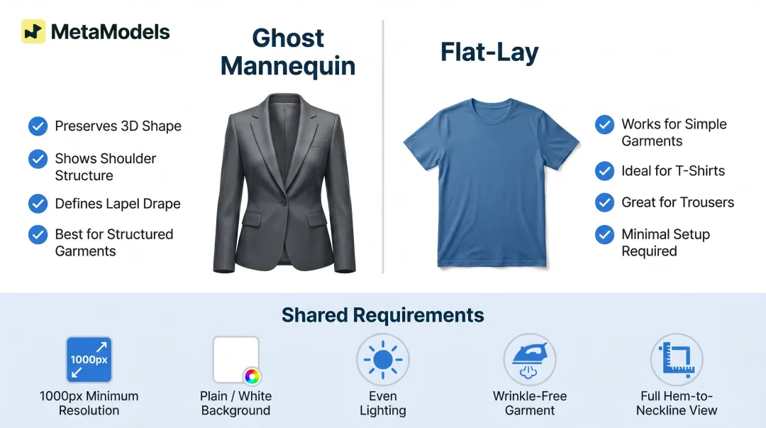 Garment photo preparation requirements comparison ghost mannequin versus flat-lay