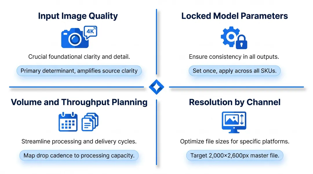 AI fashion photography output quality four key factors decision framework infographic