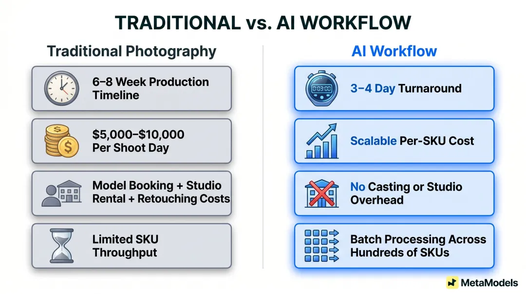 Traditional versus AI fashion photography timeline and cost comparison infographic