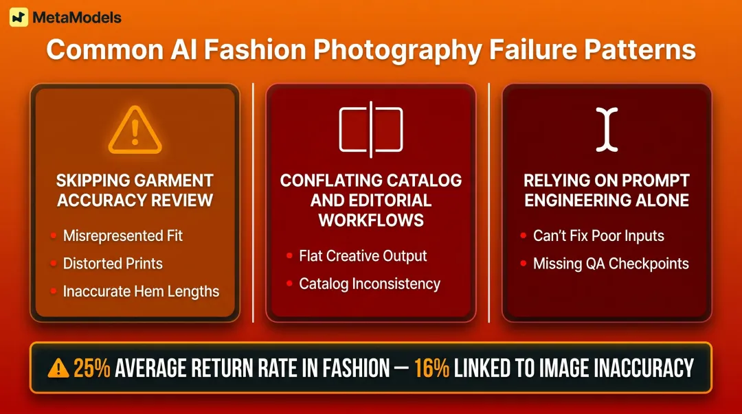 Three AI fashion photography workflow failure patterns and return rate impact infographic