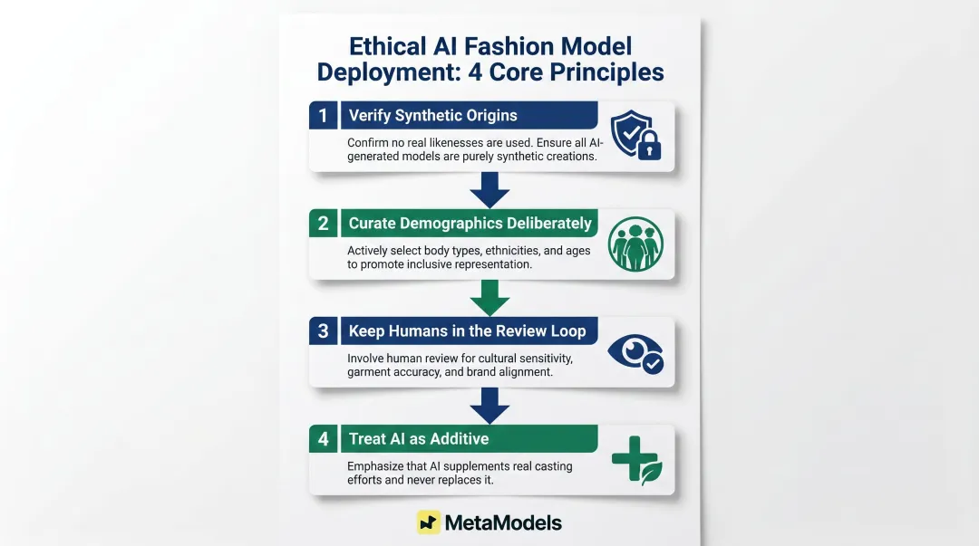 4-step ethical AI fashion model photography framework from verification to additive use