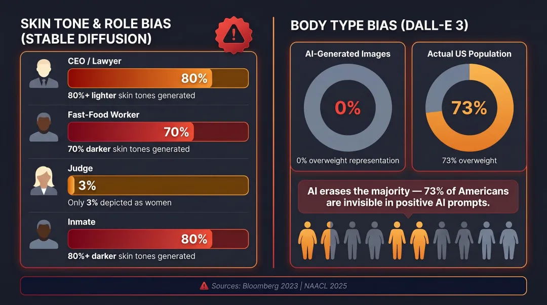 AI image generation bias statistics showing skin tone and body type disparities
