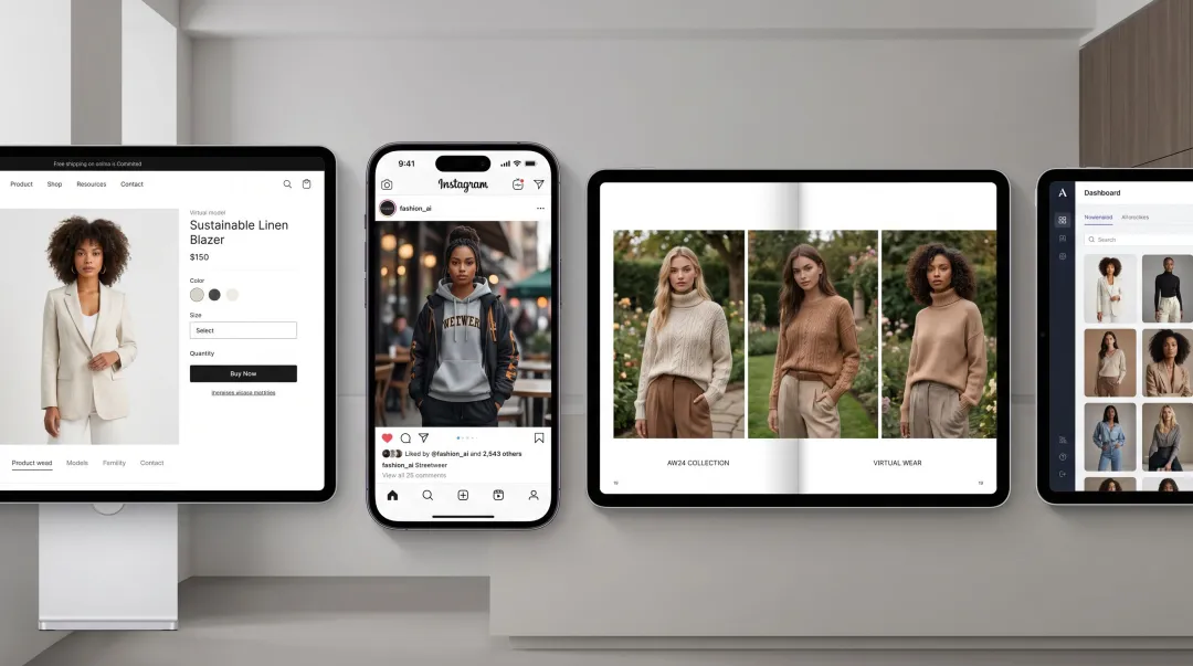 AI-generated fashion model photos displayed across e-commerce and lookbook formats