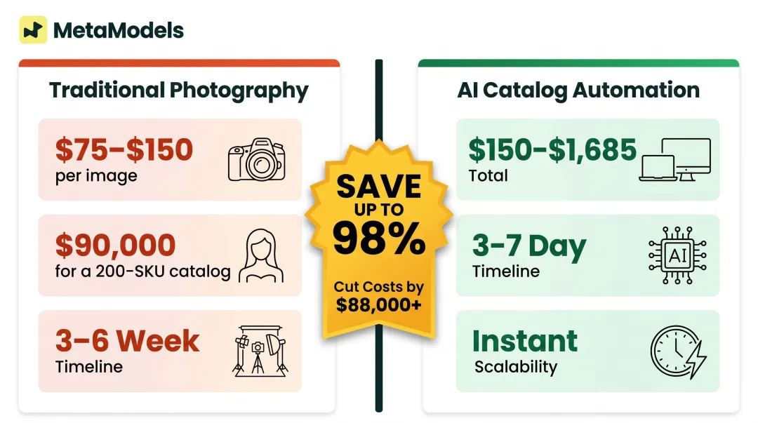 Traditional versus AI fashion catalog cost and timeline comparison infographic