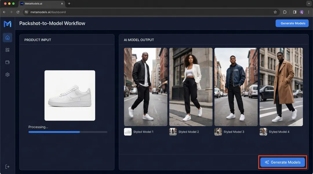 MetaModels AI platform converting packshot product images into styled model photography