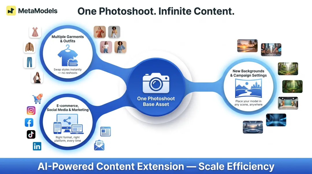 Single photoshoot extended into multiple AI-generated fashion content outputs