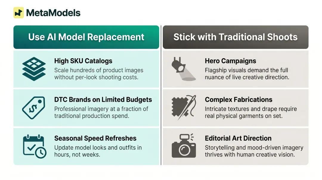 AI model photography versus traditional shoots side-by-side comparison infographic